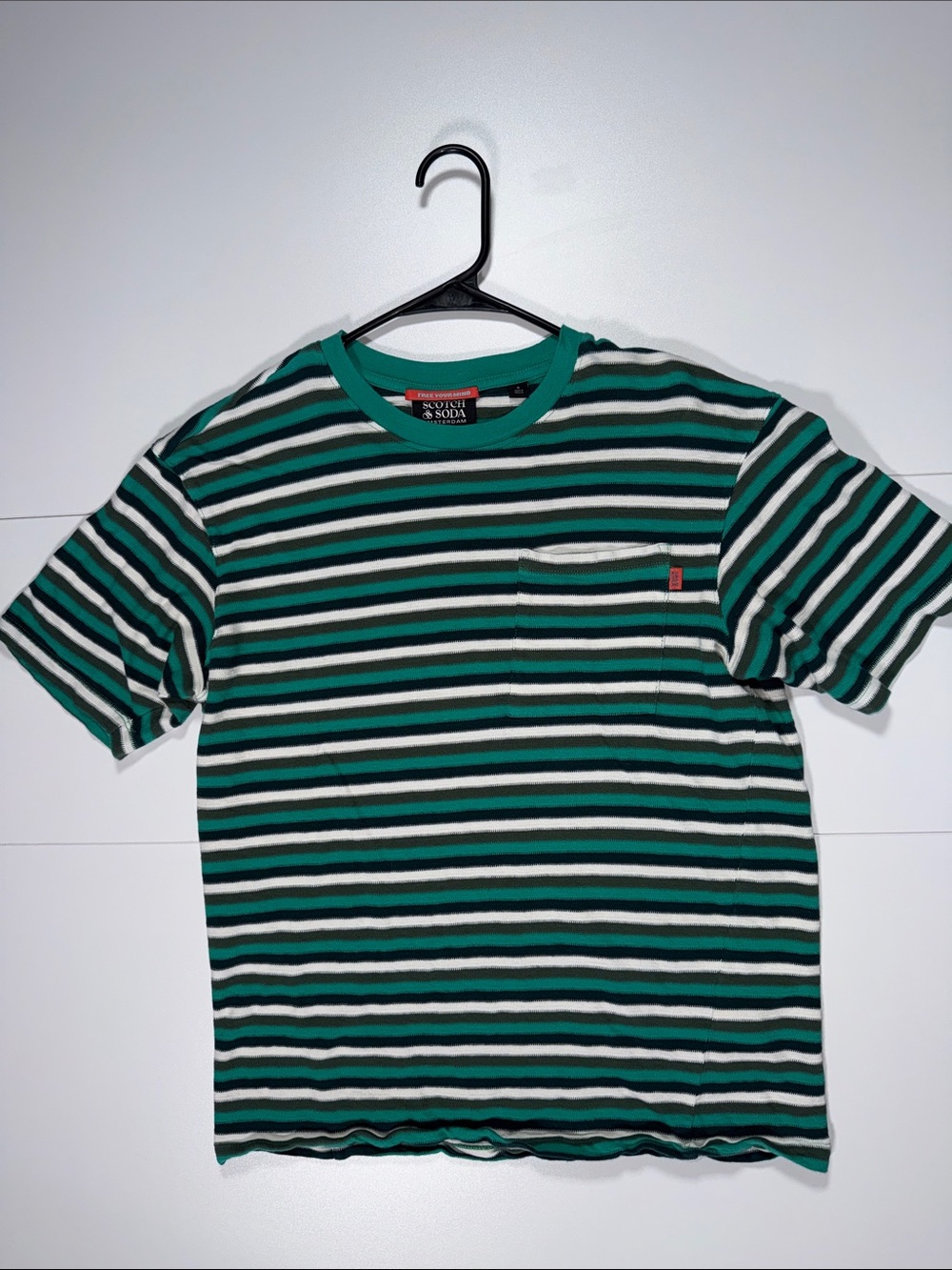 Scotch & Soda Teal, Black & White Striped Tee with Coral Tag